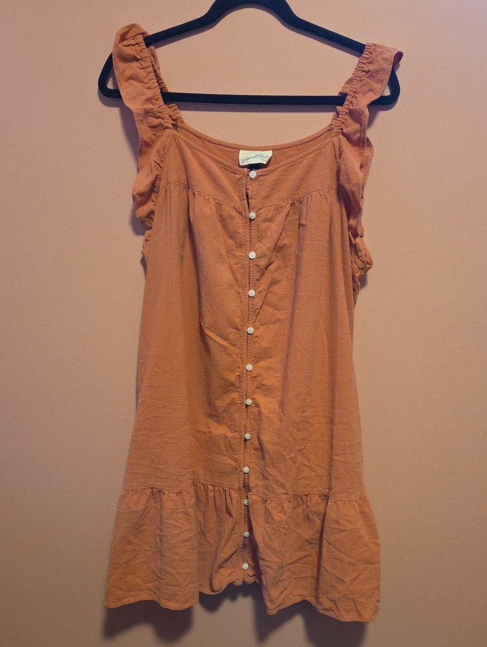 Peach Button-Front Ruffle Strap Dress